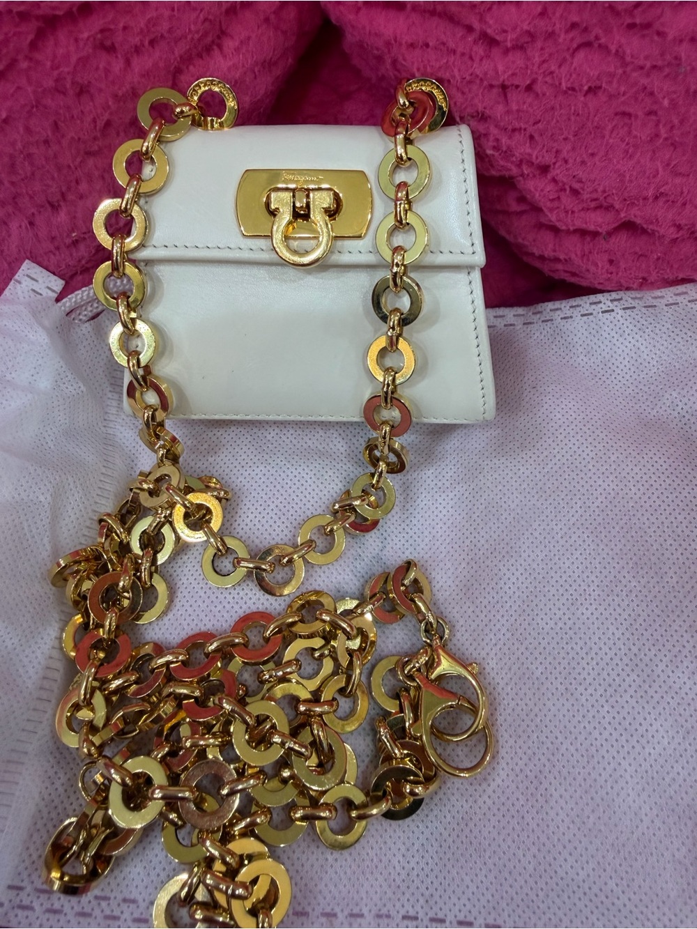 Salvatore Ferragamo White Leather Mini Crossbody with Gold Chain